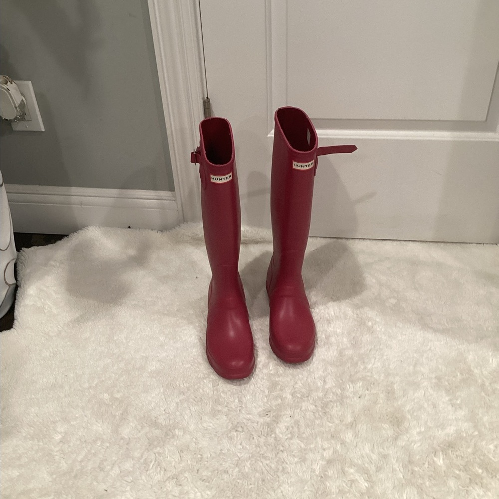 Hunter Glossy Pink  tall Rain Boots with socks